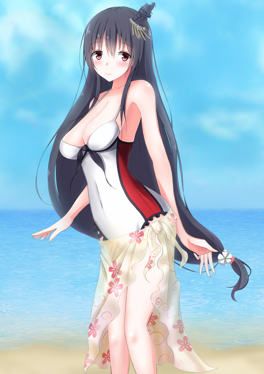 1girl absurdres adapted_costume alternate_costume bare_arms bare_legs bare_shoulders black_hair breasts commentary_request fusou_(kantai_collection) hair_between_eyes hair_ornament highres kantai_collection kikuzunooka long_hair looking_at_viewer red_eyes sarong