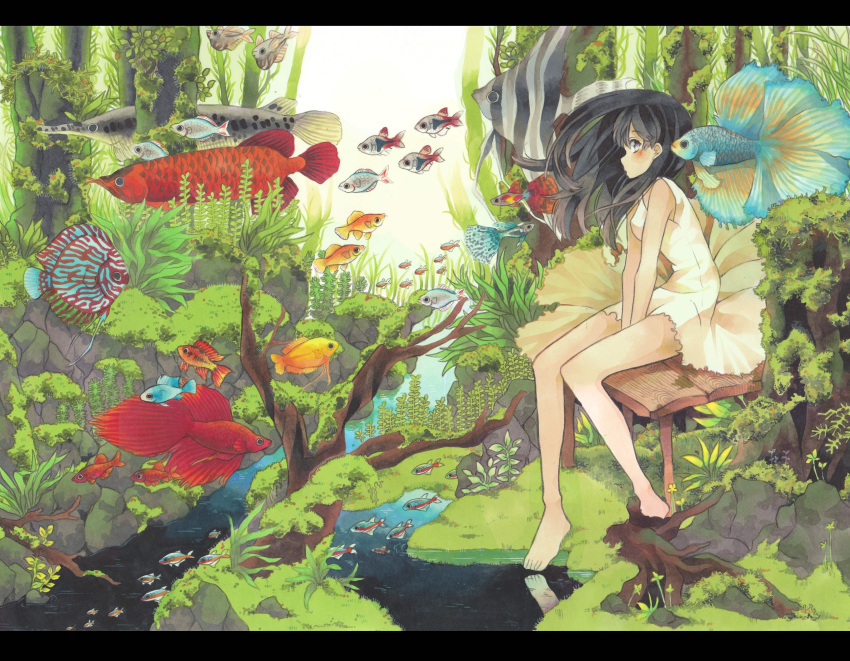 1girl absurdres bangs bare_legs bare_shoulders barefoot between_legs black_hair blush dress fish floating_hair from_side hand_between_legs highres letterboxed long_hair looking_to_the_side moss nature original outdoors reflection seaweed sitting sleeveless sleeveless_dress solo stream surreal traditional_media tree_stump umezakura v_arms violet_eyes water