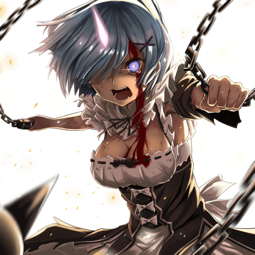 1girl action angry ball_and_chain black_bow black_ribbon blood blood_on_face bloody_clothes blue_eyes blue_hair bow breasts chains cleavage detached_sleeves dress eyelashes glowing glowing_eyes glowing_horns hair_ornament hair_over_one_eye hairclip highres holding holding_weapon horn injury light_particles looking_at_viewer maid medium_breasts motion_blur one_eye_covered oni oni_horns open_mouth outstretched_arms re:zero_kara_hajimeru_isekai_seikatsu rem_(re:zero) ribbon ribbon_trim short_hair solo spikes spoilers tama_satou tears underbust upper_body weapon white_background white_bow x_hair_ornament
