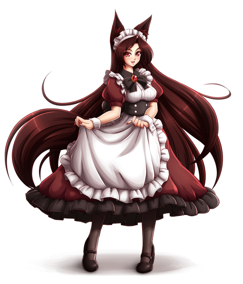 1girl :d alternate_costume animal_ears apron black_legwear blush breasts brooch corset enmaided fang full_body high_heels highres imaizumi_kagerou jewelry large_breasts long_hair looking_at_viewer maid maid_headdress mary_janes mazume open_mouth pantyhose puffy_short_sleeves puffy_sleeves shoes short_sleeves simple_background smile solo tail touhou underbust very_long_hair waist_apron white_apron white_background wolf_ears wolf_tail wrist_cuffs