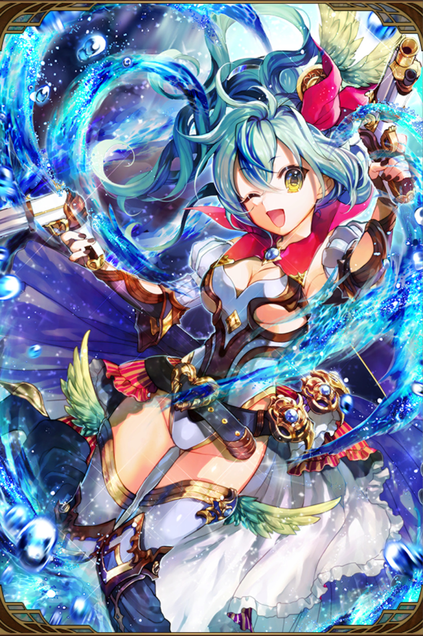 1girl ahoge artist_request belt blue_hair boots breasts cleavage dual_wielding elbow_gloves elbow_pads fingerless_gloves gem gloves gluteal_fold grand_sphere hair_ribbon heart high_heels highres knees_together_feet_apart leotard medium_breasts messy_hair multicolored_eyes open_clothes open_shirt puffy_short_sleeves puffy_sleeves ribbon shirt short_sleeves thigh-highs thigh_boots thigh_gap thighs under_boob water water_drop wings zettai_ryouiki