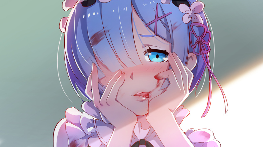 1girl blood blood_on_face bloody_clothes bloody_hair bloody_hands blue_eyes blue_hair blush hair_over_one_eye hands_on_own_cheeks hands_on_own_face head_tilt highres looking_at_viewer maid maid_headdress nose_blush parted_lips re:zero_kara_hajimeru_isekai_seikatsu rem_(re:zero) solo tanotomoe tongue tongue_out upper_body x_hair_ornament yandere_trance