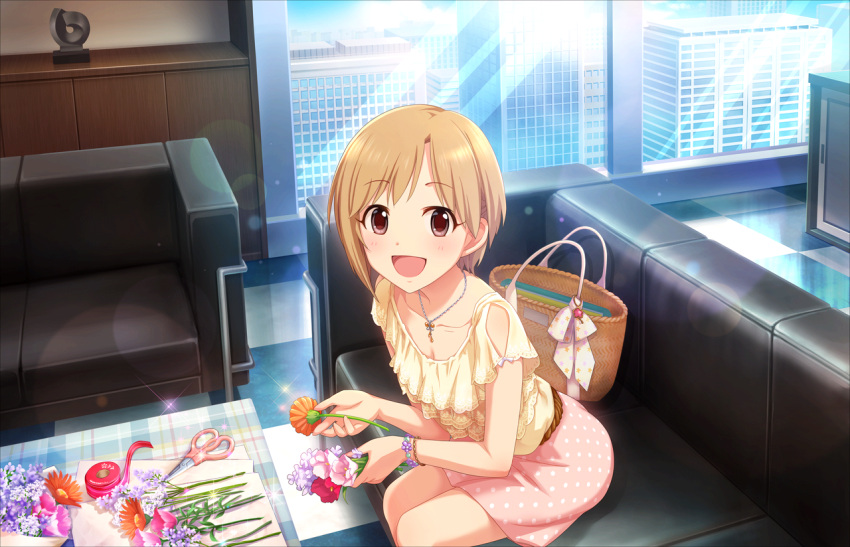 1girl :d aiba_yumi apartment artist_request bangs blonde_hair blouse blush bracelet brown_eyes building cabinet city cityscape collarbone couch eyeliner flower frills idolmaster idolmaster_cinderella_girls idolmaster_cinderella_girls_starlight_stage indoors jewelry knees_together_feet_apart leaning_forward lens_flare looking_at_viewer makeup miniskirt necklace official_art on_couch open_mouth paper pink_skirt polka_dot_skirt scissors sculpture short_hair short_sleeves shoulder_cutout sitting skirt smile solo sparkle tape tile_floor tiles traditional_media window yellow_blouse