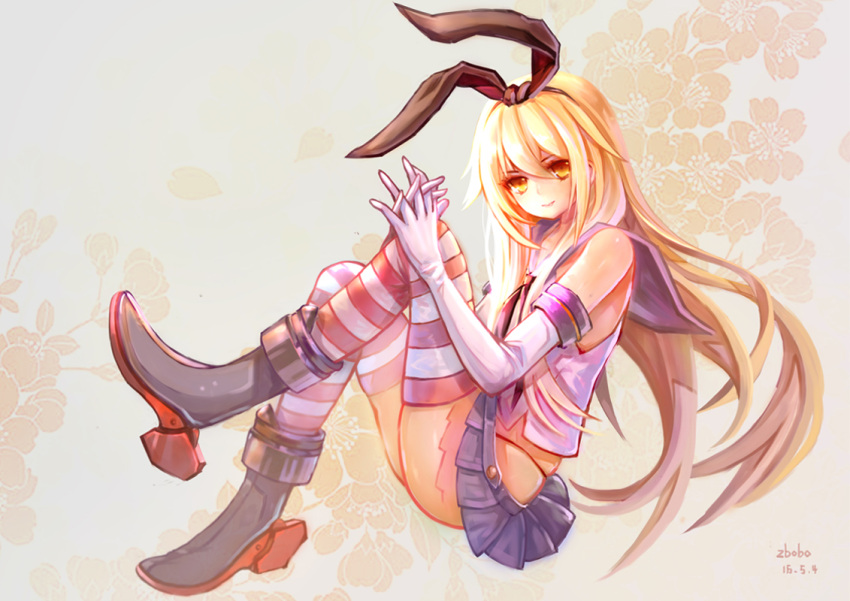 1girl blonde_hair dated elbow_gloves full_body gloves hair_ornament hairband hands_clasped kantai_collection light_smile long_hair looking_at_viewer miniskirt sailor_collar shimakaze_(kantai_collection) shiny shiny_hair shiny_skin sitting skirt solo striped striped_legwear sxbzero white_gloves yellow_eyes