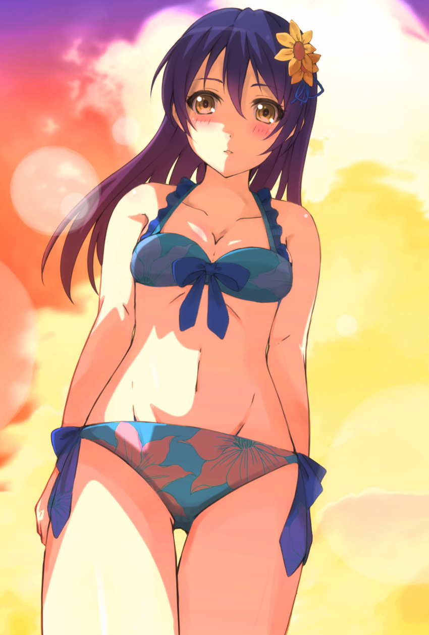 1girl bikini black_hair blush breasts brown_eyes cleavage collarbone duffy flower from_below groin hair_flower hair_ornament highres long_hair looking_at_viewer love_live! love_live!_school_idol_project midriff navel parted_lips purple_hair ribbon small_breasts solo sonoda_umi standing swimsuit yellow_eyes