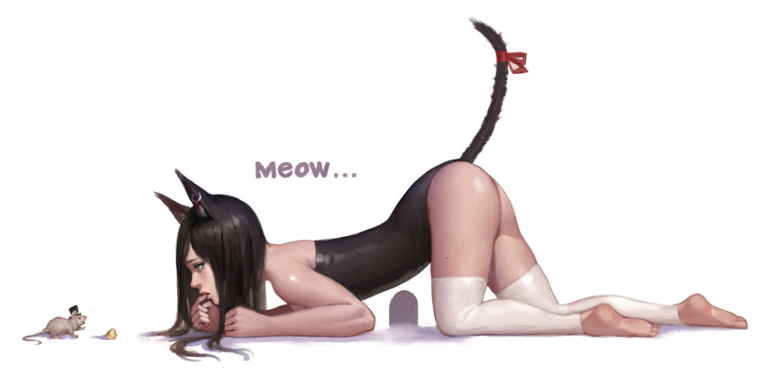 1girl all_fours animal_ears barefoot brown_eyes brown_hair cat_ears cat_tail cheese dongho_kang english finger_to_mouth from_side full_body hat long_hair looking_at_viewer mini_hat mini_top_hat mouse original profile realistic red_ribbon ribbon tail tail_ribbon top_hat white_background white_legwear