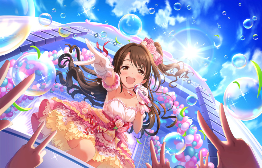 1girl armpits artist_request balloon bangs blue_sky blush bow brown_eyes brown_hair bubble choker clouds collarbone dress flower frills gloves hair_bow hair_flower hair_ornament half_updo idolmaster idolmaster_cinderella_girls idolmaster_cinderella_girls_starlight_stage microphone music official_art one_side_up open_mouth rose shimamura_uzuki side_ponytail singing sky smile solo_focus strapless strapless_dress v