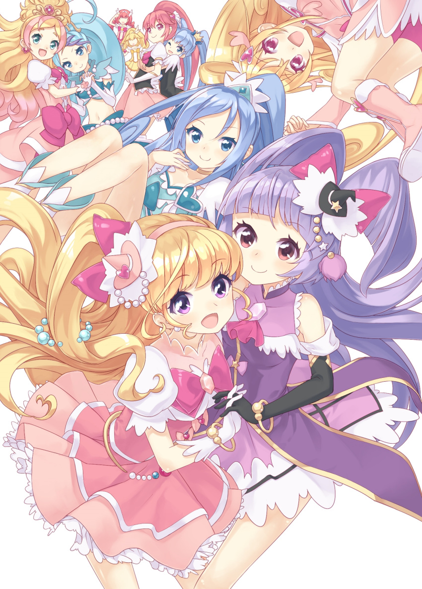 6+girls :d aida_mana aino_megumi asahina_mirai black_gloves black_hat blonde_hair blue_eyes blue_hair boots bow brooch buntan choker crown cure_diamond cure_flora cure_happy cure_heart cure_lovely cure_magical cure_mermaid cure_miracle cure_peace cure_princess curly_hair dokidoki!_precure elbow_gloves gloves go!_princess_precure hair_bow hand_holding happinesscharge_precure! haruno_haruka hat highres hishikawa_rikka hoshizora_miyuki izayoi_liko jewelry kaidou_minami kise_yayoi knee_boots long_hair looking_at_viewer magical_girl mahou_girls_precure! mini_crown mini_hat mini_witch_hat multicolored_hair multiple_girls open_mouth pink_boots pink_bow pink_eyes pink_hair pink_hat pink_skirt ponytail precure purple_hair purple_skirt shirayuki_hime shoes skirt smile smile_precure! streaked_hair twintails two-tone_hair violet_eyes white_background white_gloves white_shoes witch_hat