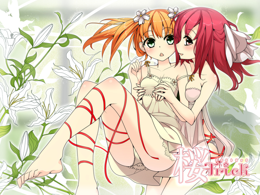 2girls :&lt; bare_arms bare_legs bare_shoulders barefoot blonde_hair blush body_blush breast_grab breasts collarbone copyright_name feet floral_background flower grabbing hair_flower hair_ornament highres lily_(flower) medium_breasts multiple_girls ootsuki_momiji open_mouth panties red_ribbon redhead ribbon sakura_trick small_breasts smile sonoda_yuu strap_slip takayama_haruka triangle_mouth twintails underwear yuri