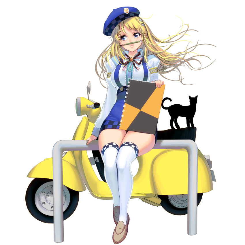 1girl animal black_cat blonde_hair blue_eyes blue_skirt breasts cat full_body ground_vehicle hair_ornament hairclip highres juliet_sleeves large_breasts legs_together lips long_sleeves mary_janes masao motor_vehicle original over-kneehighs pencil_mustache puffy_sleeves railing scooter shoes sitting sitting_on_railing sketchbook skirt skirt_set solo suspenders thigh-highs vespa white_legwear zettai_ryouiki