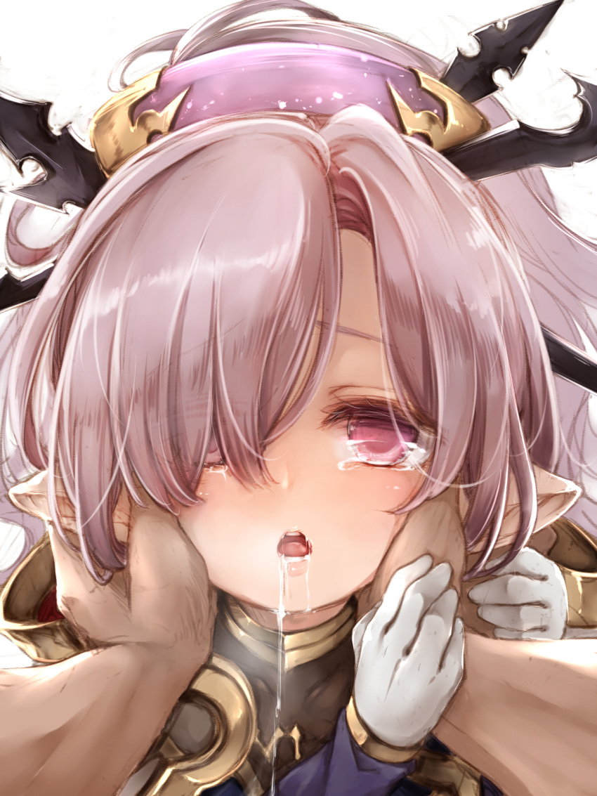 1girl drooling eyes_visible_through_hair gloves granblue_fantasy hair_ornament hair_over_one_eye hair_stick hands_on_another's_face harbin highres karu_a_miruku long_hair looking_at_viewer nio_(granblue_fantasy) pink_eyes purple_hair saliva solo_focus tears white_gloves