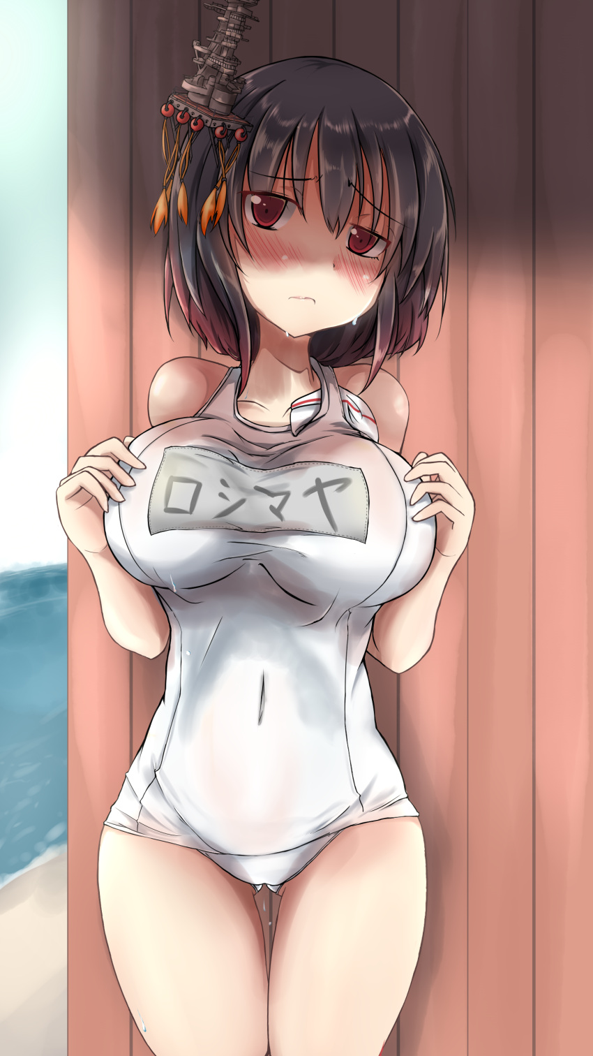 1girl absurdres black_hair blush breasts bro_(badmaiden) covered_navel hair_ornament headgear highres hot kantai_collection large_breasts looking_at_viewer old_school_swimsuit red_eyes s&oacute;lo school_swimsuit short_hair solo standing sweat swim_cap swimsuit white_school_swimsuit white_swimsuit yamashiro_(kantai_collection)