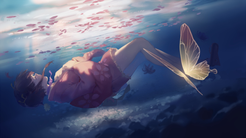 1girl brown_hair bubble butterfly closed_eyes dark dutch_angle floating_hair floral_print flower from_side full_body hands_on_own_chest japanese_clothes kimono koutetsujou_no_kabaneri mumei_(kabaneri) petals pink_kimono profile sandals_removed short_hair sinking solo spencer_sais submerged sunlight underwater water wide_sleeves yukata