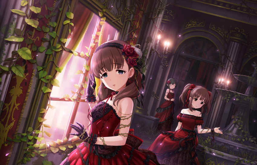 3girls ahoge artist_request bangs bare_shoulders black_hair blue_eyes blunt_bangs brown_eyes brown_hair choker closed_eyes collarbone dress earrings flower gloves hair_ornament hairband idolmaster idolmaster_cinderella_girls idolmaster_cinderella_girls_starlight_stage jewelry kohinata_miho leaf looking_at_viewer multiple_girls official_art ogata_chieri parted_lips red_dress ribbon rose sakuma_mayu short_hair strapless strapless_dress thorns twintails