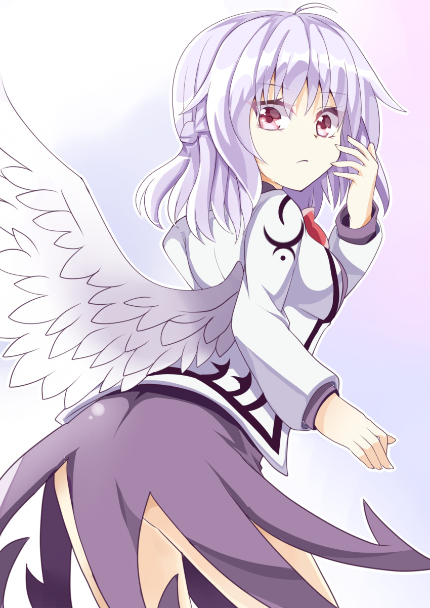 1girl aki_chimaki angel_wings ass blush feathered_wings highres jacket kishin_sagume leaning_forward long_sleeves looking_at_viewer looking_back open_clothes open_jacket pink_eyes purple_skirt silver_hair single_wing skirt solo touhou white_wings wings