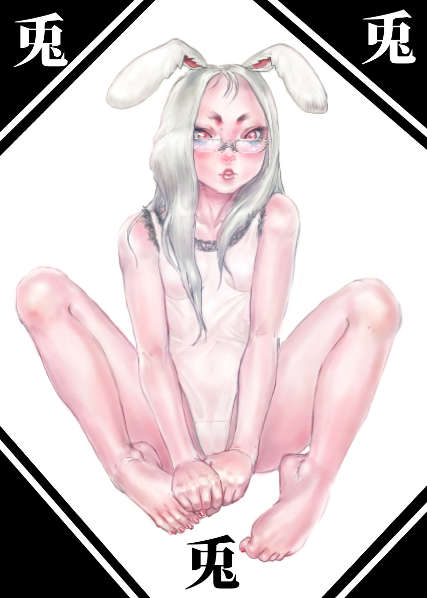 1girl animal_ears bare_legs black_background blush bodysuit breasts collarbone covered_navel eyelashes feet full_body glasses hegitsu knees_up looking_at_viewer nail_polish original parted_lips petite pink_nails rabbit_ears red_eyes silver_hair simple_background sitting small_breasts solo tsurime white_background
