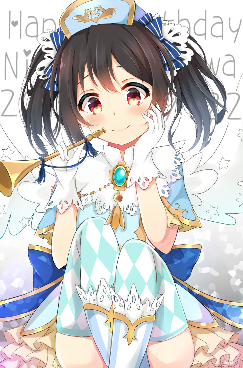 1girl angel_wings black_hair bow character_name dated dorisu2 gloves hair_bow happy_birthday hat highres instrument long_hair love_live! love_live!_school_idol_project red_eyes smile solo trumpet twintails wings yazawa_nico