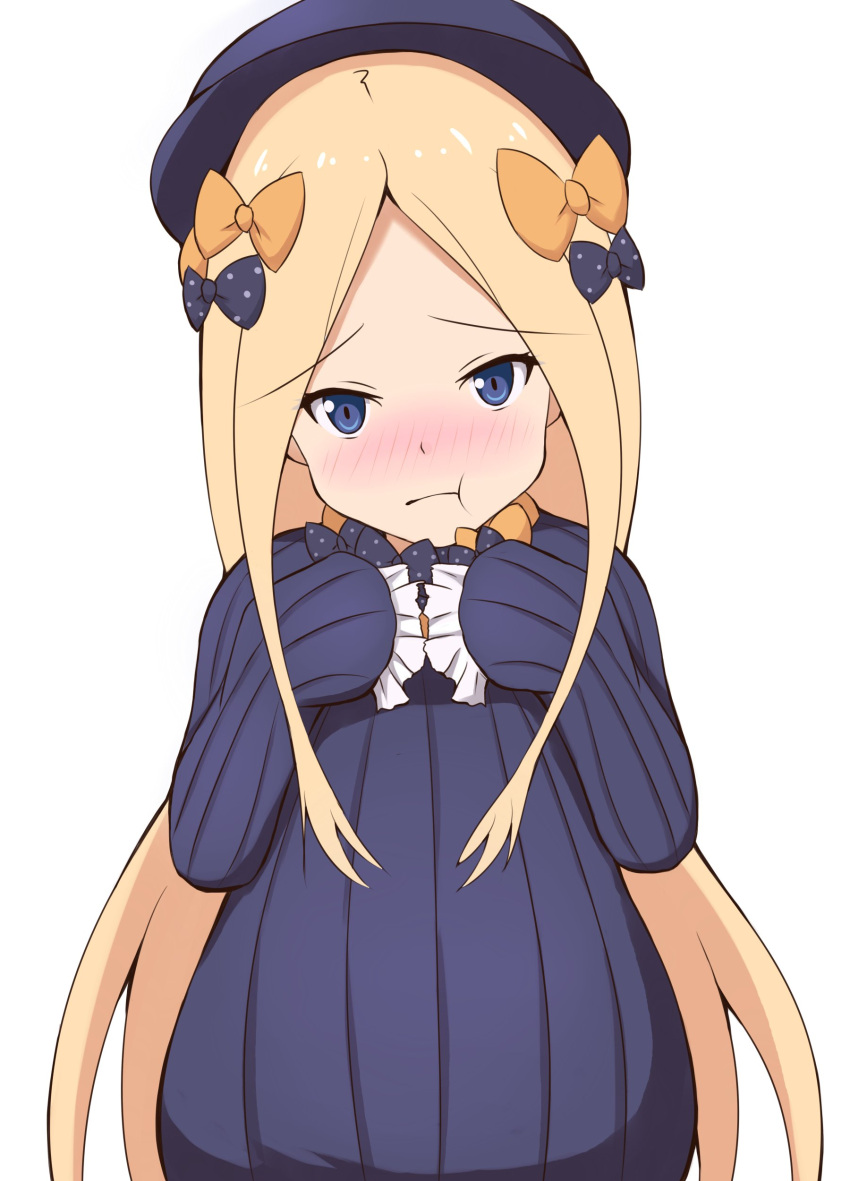 1girl :t abigail_williams_(fate/grand_order) absurdres bangs black_bow black_dress black_hat blonde_hair blue_eyes blush bow closed_mouth commentary_request dress eyebrows_visible_through_hair fate/grand_order fate_(series) forehead hair_bow hands_up hat head_tilt highres long_hair long_sleeves looking_at_viewer mitiru_ccc2 nose_blush orange_bow parted_bangs polka_dot polka_dot_bow pout simple_background sleeves_past_fingers sleeves_past_wrists solo very_long_hair white_background