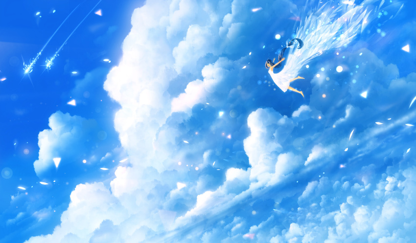 1girl barefoot black_hair closed_eyes clouds dress dutch_angle fantasy flying highres light_particles long_hair low-tied_long_hair open_mouth original outstretched_arms sakimori_(hououbds) scenery shooting_star sky sleeveless sleeveless_dress smile solo tied_hair very_long_hair white_dress wind