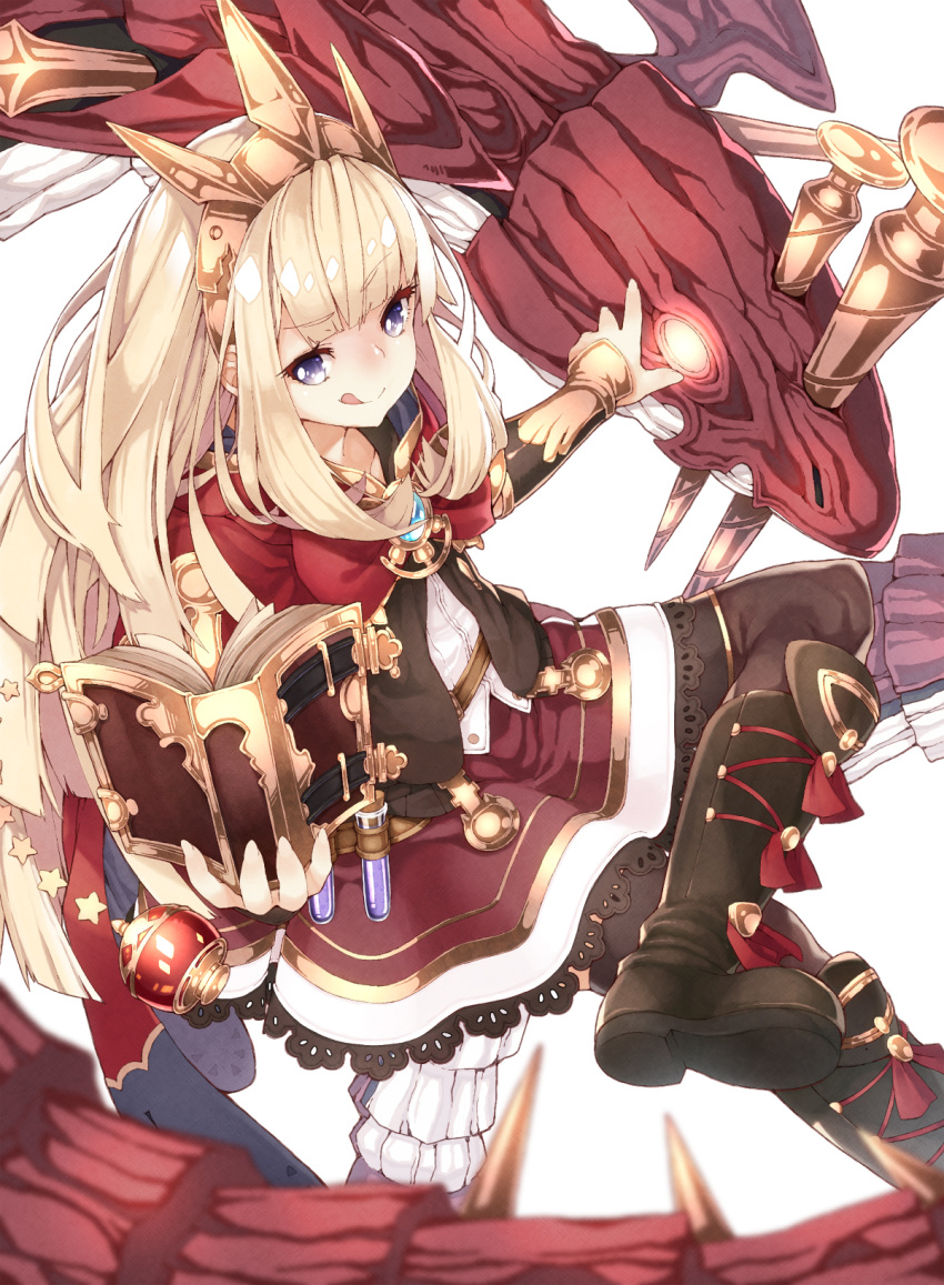 1girl :q bad_id bangs black_boots black_legwear blonde_hair blunt_bangs book boots bracer cagliostro_(granblue_fantasy) cape dragon granblue_fantasy hairband highres holding holding_book long_hair miniskirt nail namake ouroboros_(granblue_fantasy) red_skirt simple_background skirt solo takuan_(takuan0907) thigh-highs tongue tongue_out violet_eyes white_background zettai_ryouiki