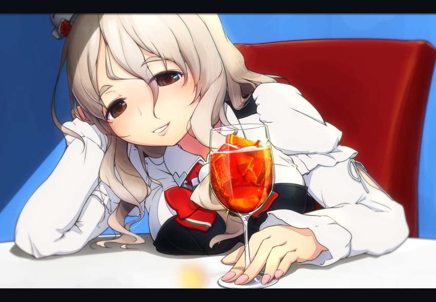 1girl blush boots bow bowtie breasts brown_eyes cup drinking_glass fingernails grey_hair hair_between_eyes hat highres kantai_collection large_breasts lips long_hair long_sleeves looking_at_viewer mini_hat mumyoudou pola_(kantai_collection) sitting smile wavy_hair wine_glass