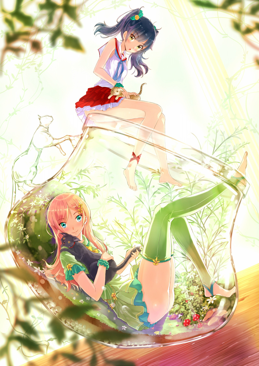 2girls animal ankle_ribbon aqua_eyes ass bangs bare_legs barefoot black_hair blouse blurry blush brown_eyes cat commentary_request depth_of_field dress fishbowl green_dress green_legwear hair_ornament hairclip highres holding_animal in_container kazeno knee_up leg_up legs_up long_hair looking_at_viewer lying multiple_girls mushroom neckerchief no_shoes on_back open_mouth original oversized_object pink_hair plant pleated_skirt reclining red_skirt ribbon sailor_collar scrunchie short_dress short_sleeves sitting skirt sleeveless smile thigh-highs thighs twintails upskirt white_blouse wrist_scrunchie