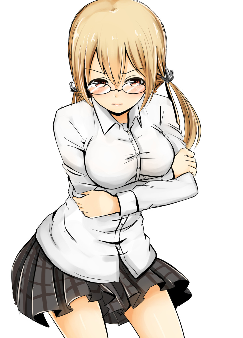1girl absurdres alternate_eye_color baretto_(karasi07) bespectacled blonde_hair blouse breast_hold breasts crossed_arms glasses hair_between_eyes highres kantai_collection long_hair looking_at_viewer medium_breasts miniskirt plaid plaid_skirt prinz_eugen_(kantai_collection) red_eyes serious simple_background skirt twintails white_blouse
