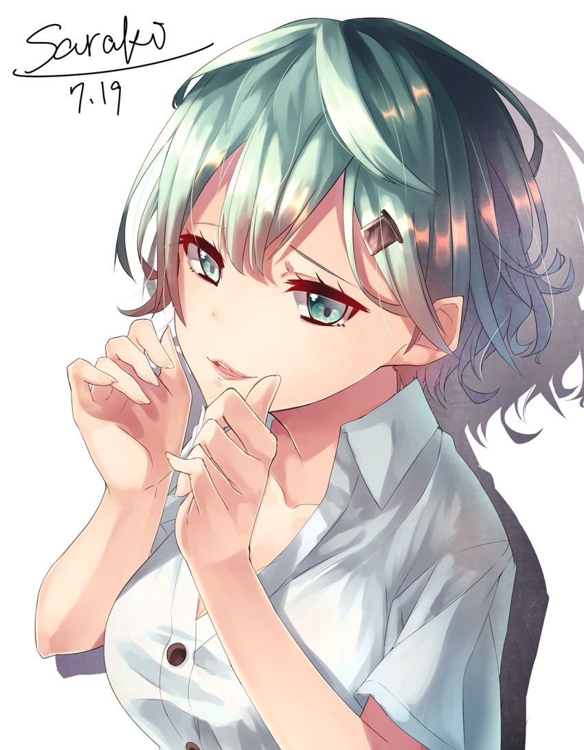 1girl alternate_costume alternate_hairstyle aqua_eyes aqua_hair arms_up artist_name blouse commentary_request dated eyebrows eyebrows_visible_through_hair hair_ornament hairclip highres kantai_collection saraki short_hair simple_background suzuya_(kantai_collection) white_background white_blouse