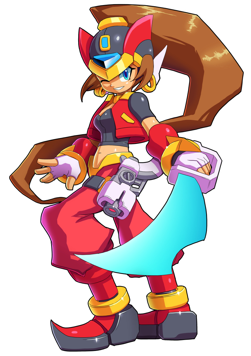 1girl ;) absurdres blue_eyes breasts brown_hair cutlass_(sword) earrings fingerless_gloves full_body fusion gloves gun handgun helmet high_ponytail highres hoop_earrings humanoid_robot jewelry long_hair midriff navel one_eye_closed pistol pointy_shoes rockman rockman_x rockman_zero shantae shantae_(character) shantae_(series) shantae_and_the_pirate's_curse shoes small_breasts smile solo ultimatemaverickx very_long_hair vest weapon zero_(rockman) zero_(rockman)_(cosplay)