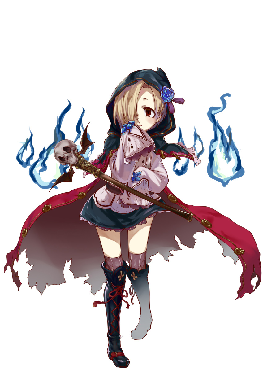 1girl absurdres ao_(aocooler) bat_wings black_boots black_skirt blonde_hair blue_fire blue_rose boots cape cross-laced_footwear earrings fire flower full_body granblue_fantasy hair_over_one_eye highres holding hood idolmaster idolmaster_cinderella_girls jewelry lace-up_boots long_sleeves miniskirt open_mouth red_eyes ribbon rose shirasaka_koume short_hair simple_background skirt skull sleeves_past_wrists smile solo staff standing torn_cape torn_clothes transparent_background wings