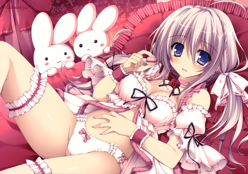 1girl :&lt; :3 :d absurdres ahoge babydoll blush_stickers braid breasts choker cleavage detached_sleeves food frilled_pillow frilled_sleeves frills hair_ribbon hand_on_own_stomach highres holding holding_food huge_filesize leg_garter low_twintails lying macaron nanaroba_hana on_back open_mouth original panties pillow pink_hair puffy_detached_sleeves puffy_sleeves ribbon smile solo star stuffed_animal stuffed_bunny stuffed_toy twintails underwear violet_eyes white_panties wrist_cuffs