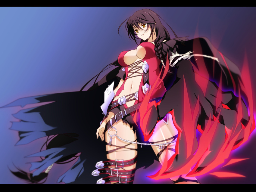 1girl belt belt_buckle black_hair blue_background braid breasts buckle claws cowboy_shot expressionless from_below highres large_breasts letterboxed long_hair looking_away minikama navel red_shirt revealing_clothes shiny shiny_skin shirt solo tales_of_(series) tales_of_berseria under_boob velvet_crowe yellow_eyes
