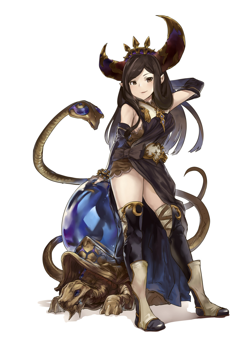 1girl absurdres ao_(aocooler) arm_behind_back arulumaya bare_shoulders black_bow black_dress black_hair black_legwear bow breasts brown_eyes cobra_(animal) crescent crescent_moon crystal_ball doraf dress full_body granblue_fantasy harbin highres horns large_breasts long_hair mole mole_under_eye moon open_mouth pointy_ears shadow simple_background smile snake solo standing thigh-highs tortoise turtle white_background