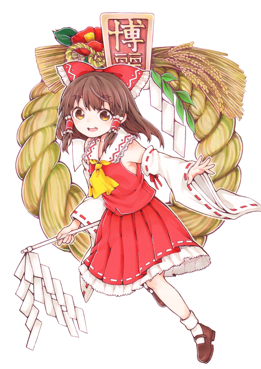 1girl ascot bow brown brown_hair brown_shoes camellia_(flower) detached_sleeves dress flower full_body gohei hair_bow hakurei_reimu highres holding kurumikko looking_at_viewer marker_(medium) mary_janes open_mouth pleated_skirt red_dress red_skirt ribbon-trimmed_skirt ribbon-trimmed_sleeves ribbon_trim rope shimenawa shoes sidelocks skirt skirt_set socks solo touhou traditional_media wheat white_legwear wide_sleeves