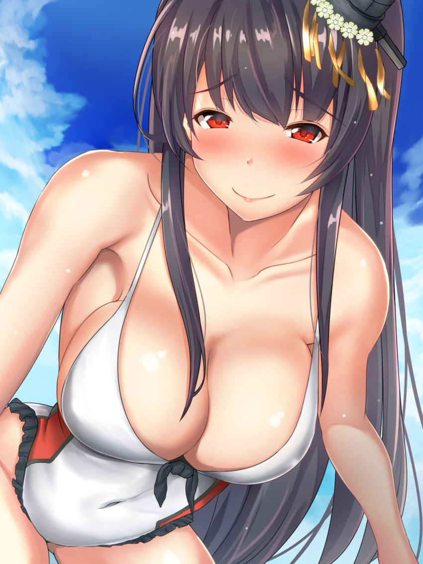 1girl black_hair blush breasts fusou_(kantai_collection) headgear highres kantai_collection large_breasts long_hair navel one-piece_swimsuit red_eyes shiny shiny_hair shiny_skin smile solo swimsuit untsue