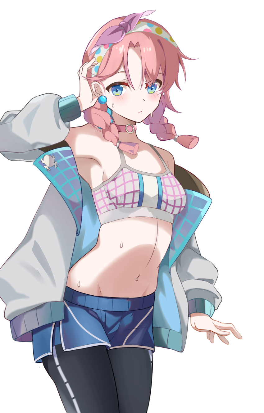 1girl absurdres arknights black_legwear blue_eyes blue_poison_(arknights) blue_shorts bow bow_hairband breasts closed_mouth collar dolphin_shorts earrings floating_hair foxx_(rftx8228) grey_jacket groin hair_bow hairband highres jacket jewelry legwear_under_shorts long_hair long_sleeves navel open_clothes open_jacket pantyhose pink_collar pink_hair polka_dot_hairband purple_bow shiny shiny_hair short_shorts shorts sideboob simple_background small_breasts solo sports_bra standing sweatdrop white_background
