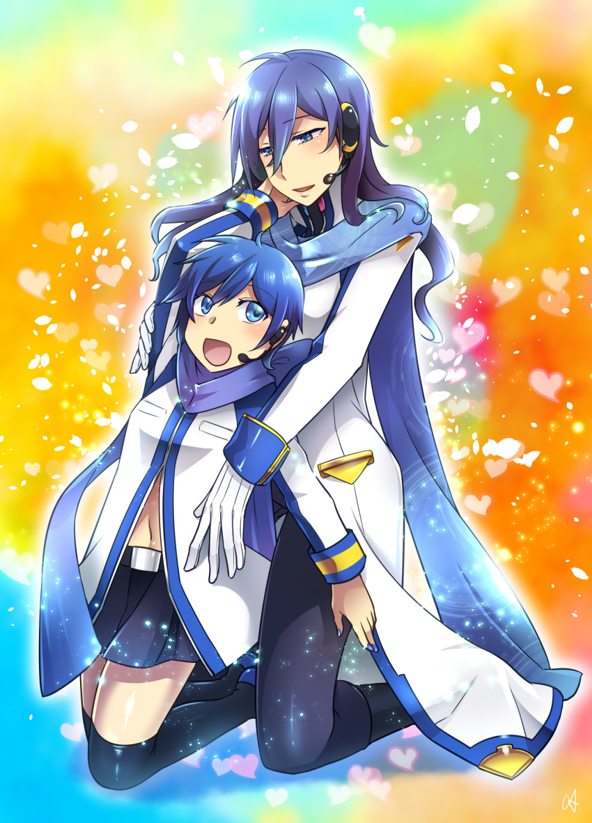 2girls blue_eyes blue_hair blue_scarf caffein dual_persona genderswap genderswap_(mtf) gloves headset highres kaiko kaito kaito_(vocaloid3) long_hair midriff multiple_girls nail_polish open_mouth scarf short_hair skirt smile thigh-highs vocaloid