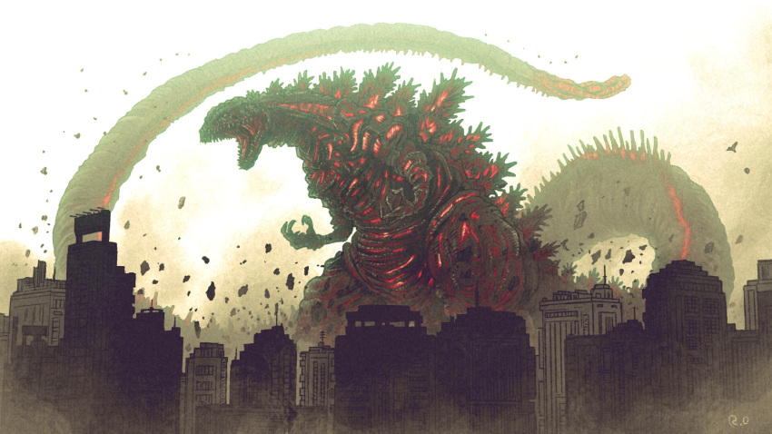 charging city claws destruction fangs fire giant_monster glowing godzilla godzilla:_resurgence godzilla_(series) highres kaijuu monster mutant no_humans open_mouth ryosiro sharp_teeth shin_godzilla smoke spikes tail teeth