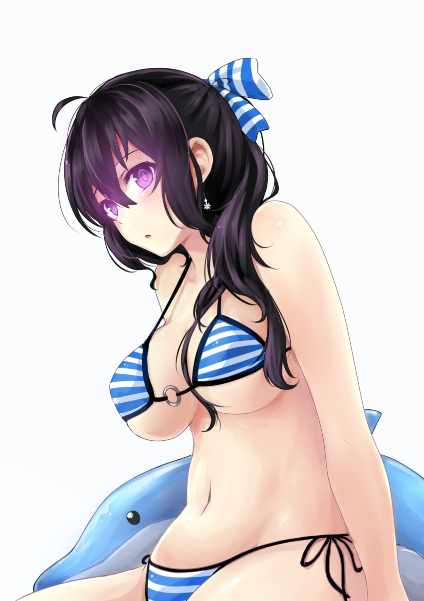 1girl arms_at_sides bare_arms beifeng_han bikini black_hair blue_bikini bow breasts dolphin glowing glowing_eyes hair_between_eyes hair_bow highres inflatable_dolphin inflatable_toy large_breasts long_hair looking_at_viewer midriff miyaura_sanshio navel o-ring_top original ribbon side-tie_bikini simple_background sitting solo striped striped_bikini striped_ribbon swimsuit under_boob violet_eyes