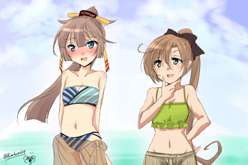 2girls adapted_costume akigumo_(kantai_collection) alternate_costume bare_shoulders bikini blue_eyes blush breasts brown_hair commentary_request embarrassed green_eyes hair_between_eyes hair_ribbon hand_on_own_chin kantai_collection kazagumo_(kantai_collection) long_hair multiple_girls navel oonishi_koala open_mouth ponytail ribbon sarong small_breasts striped striped_bikini swimsuit twitter_username