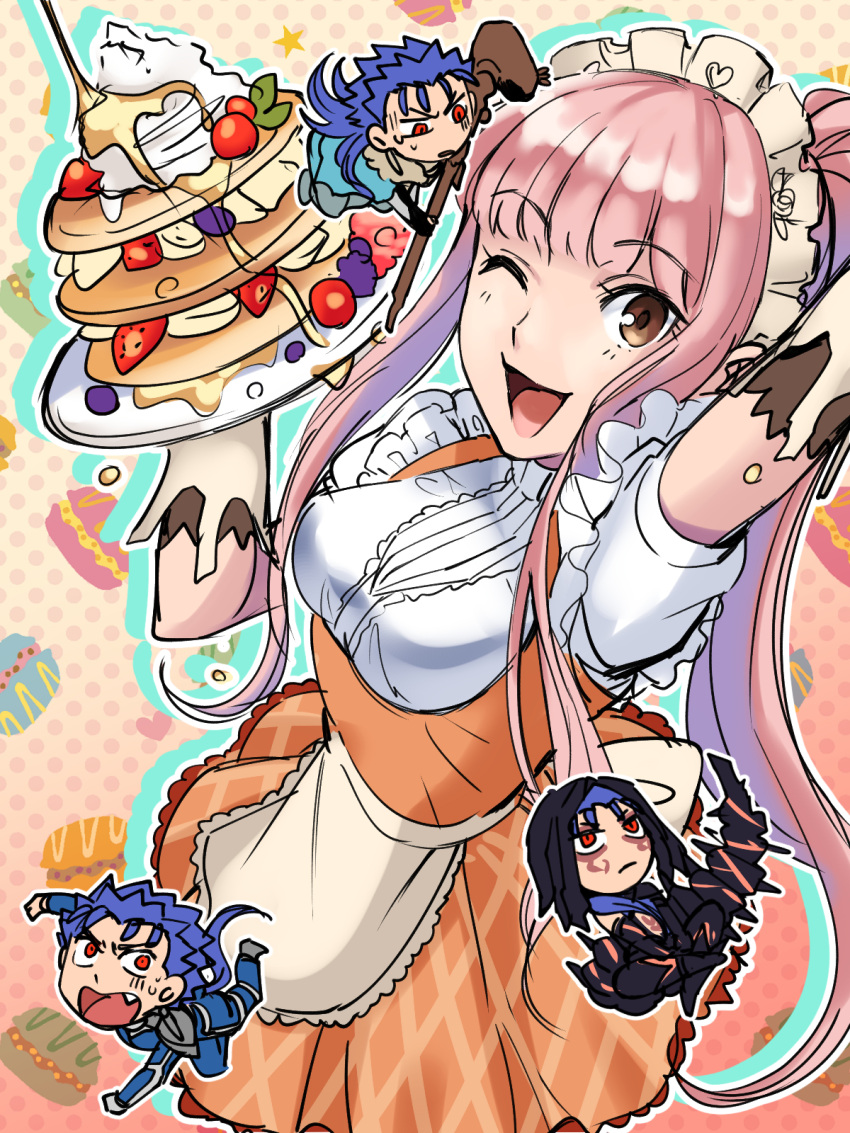 1girl 3boys ;d apron arm_up blue_hair blueberry breasts brown_eyes cloak cu_chulainn_(fate/grand_order) cu_chulainn_alter_(fate/grand_order) fang fate/grand_order fate/stay_night fate_(series) food fruit gloves headdress highres honey hood hooded_cloak lancer long_hair looking_at_viewer medb_(fate/grand_order) multiple_boys one_eye_closed open_mouth pancake pink_hair plate ponytail red_eyes shimo_(s_kaminaka) sidelocks smile staff strawberry waitress whipped_cream