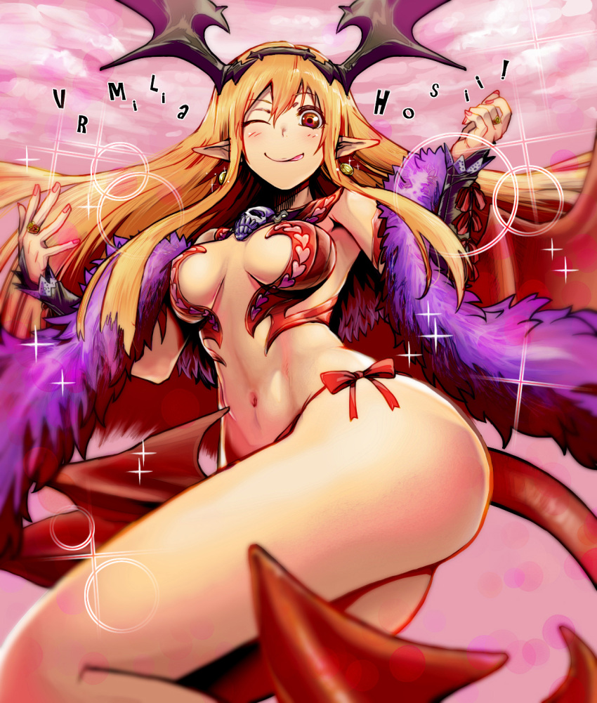 1girl ;) ;p bikini_bottom blonde_hair blush cockadooodledoo demon_girl demon_tail earrings hairband head_wings highres jewelry kunreishiki long_hair lord_of_vermilion lord_of_vermilion_iii milia_(lord_of_vermilion) one_eye_closed panties pointy_ears red_bikini_bottom red_eyes side-tie_panties skull smile solo tail tongue tongue_out underwear