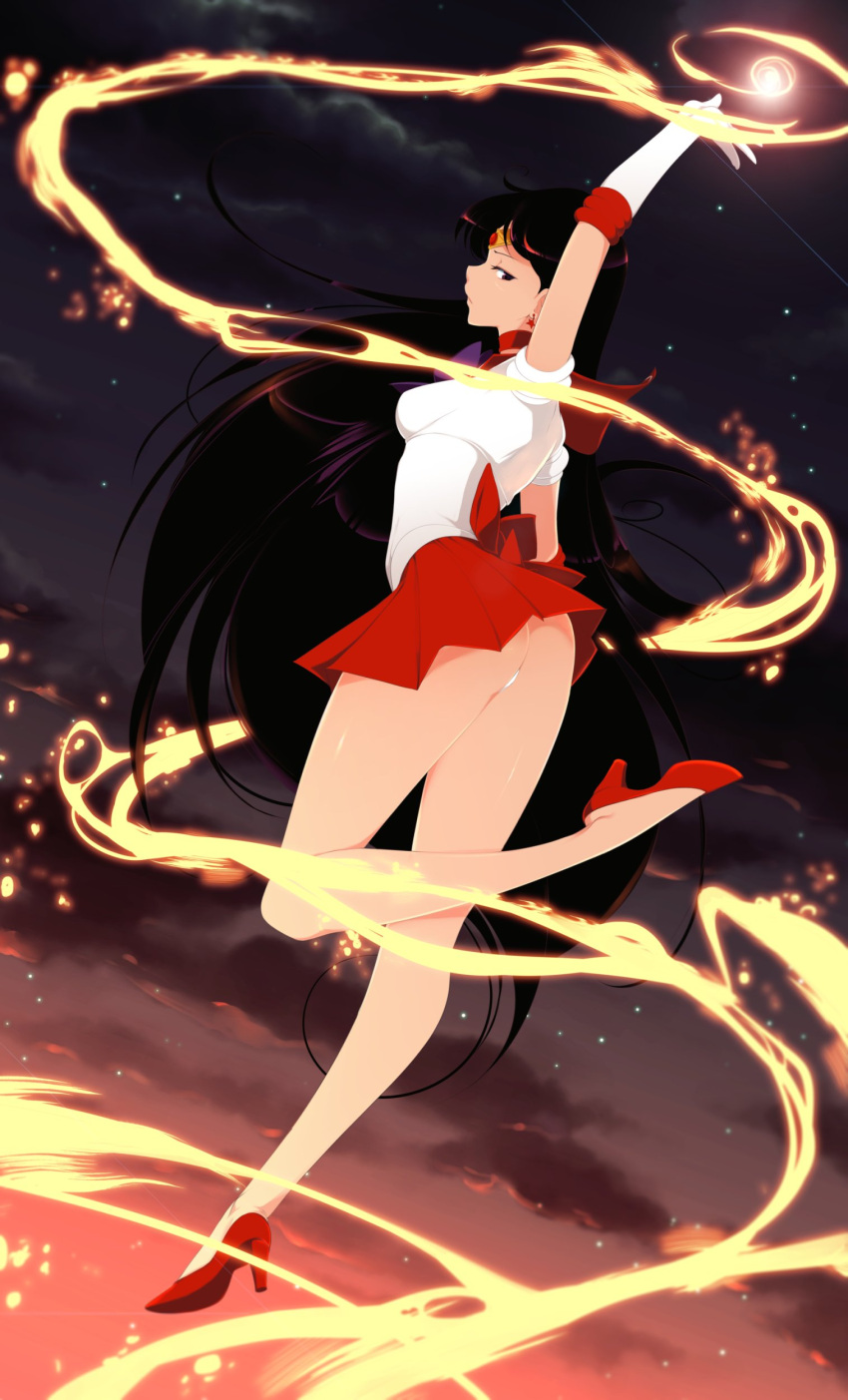 1girl absurdres ass bishoujo_senshi_sailor_moon black_hair circlet earrings fire gloves high_heels highres hino_rei jewelry looking_at_viewer panties pantyshot sailor_collar sailor_mars skirt solo sticky_(stickysheep) underwear