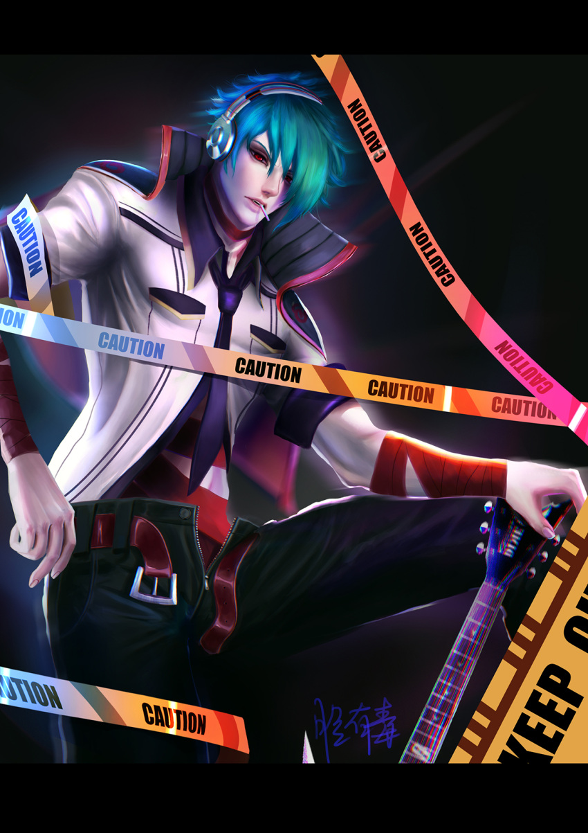 1boy artist_name bandage belt caution_tape green_hair guitar hair_over_one_eye headphones highres instrument necktie open_mouth red_eyes shun'ei solo teeth the_king_of_fighters the_king_of_fighters_xiv toxicface