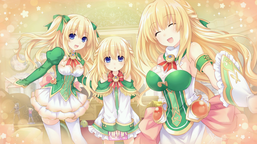3girls :d :o ^_^ age_difference armband bare_shoulders blonde_hair blue_eyes blush bow braid breasts brooch child choujigen_game_neptune cleavage cleavage_cutout closed_eyes desk detached_sleeves dress eyebrows eyebrows_visible_through_hair figure french_braid fringe game_cg gloves gradient hair_ribbon halterneck highres holding indoors jewelry juliet_sleeves large_breasts layered_dress lens_flare long_hair long_sleeves looking_at_viewer medium_breasts multiple_girls multiple_persona neck_ribbon neptune_(series) official_art open_mouth photo_(object) puffy_sleeves ribbon see-through shin_jigen_game_neptune_vii short_dress sideboob sleeves_past_wrists smile sparkle standing star thigh-highs tsunako turtleneck two_side_up v_arms vert vert's_sister very_long_hair white_gloves white_legwear younger zettai_ryouiki