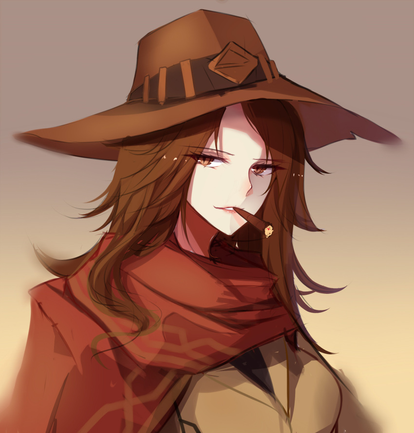 1girl black_shirt breasts brown_eyes brown_hair brown_hat brown_jacket cape cigar cowboy_hat eyebrows eyebrows_visible_through_hair eyelashes genderswap genderswap_(mtf) gradient gradient_background hat highres jacket lips lipstick long_hair looking_at_viewer makeup mccree_(overwatch) mouth_hold overwatch pink_lips poncho red_cape shiguru shirt slit_pupils solo torn_clothes torn_hat upper_body
