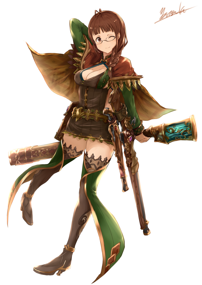 1girl ;) absurdres akizuki_ritsuko alternate_costume arm_behind_head arm_up bag bangs belt_pouch black_dress blunt_bangs boots braid breasts brown_boots brown_cape brown_eyes brown_hair cape cleavage closed_mouth dress eyebrows eyebrows_visible_through_hair fantasy glasses granblue_fantasy green_legwear gun hair_over_shoulder highres holding holding_weapon idolmaster legs_apart long_hair long_sleeves looking_at_viewer microdress one_eye_closed parody pigeon-toed rifle rimless_glasses see-through sheath signature simple_background smile solo standing standing_on_one_leg thigh-highs thigh_boots weapon white_background yatsuka_(846)