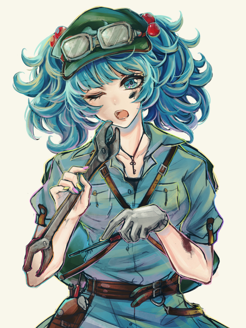 1girl absurdres belt blue_eyes blue_hair gloves goggles_on_hat green_hat hair_bobbles hair_ornament hat highres jumpsuit kawashiro_nitori key kyogoku-uru looking_at_viewer messy_hair nail_polish one_eye_closed open_mouth puffy_short_sleeves puffy_sleeves screwdriver short_hair short_sleeves solo stain tools touhou twintails upper_body white_gloves wrench