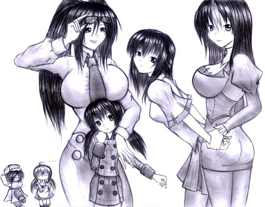1boy breasts buttons coat dazzle_(shinkonryu) demon_girl head_tilt height_difference highres juliet_sleeves large_breasts leaning_forward long_hair long_sleeves looking_at_viewer monochrome multiple_girls necktie original ponytail puffy_sleeves short_sleeves simple_background siren_(mythology) small_breasts standing succubus very_long_hair white_background