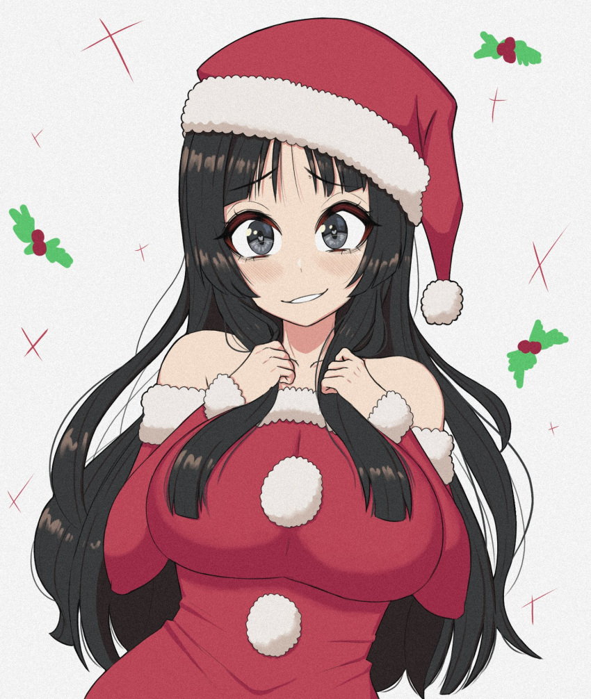 1girl akiyama_mio bare_shoulders black_eyes black_hair blush breasts collarbone hat heart heart-shaped_pupils highres k-on! large_breasts long_hair looking_at_viewer parted_lips red_headwear santa_costume santa_hat smile solo symbol-shaped_pupils upper_body young_savage